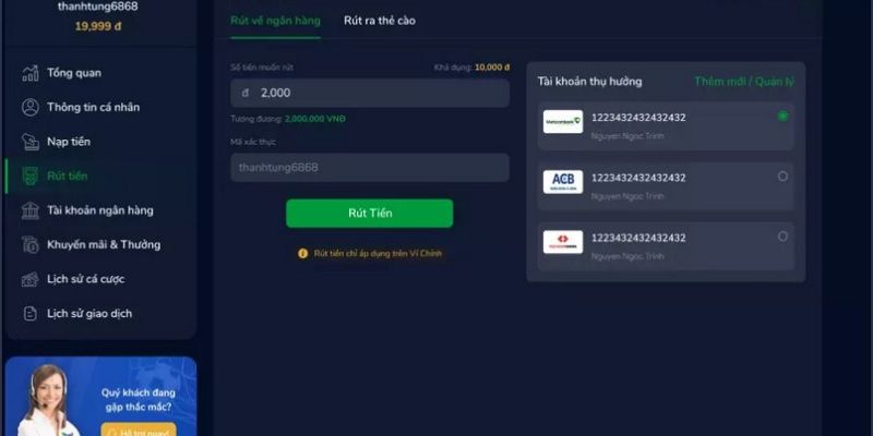 Rút tiền zbet dễ dàng về ngân hàng hoặc thông qua thẻ cào